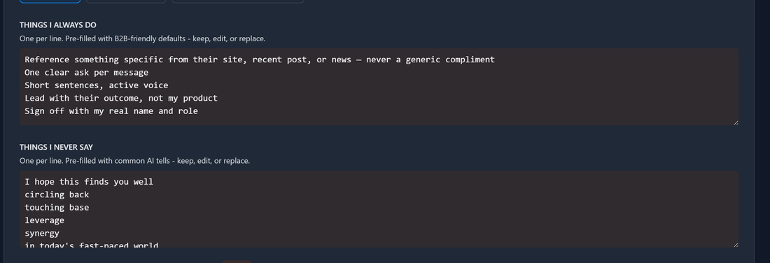 The Voice and Tone settings, with a list of phrases the AI must never use